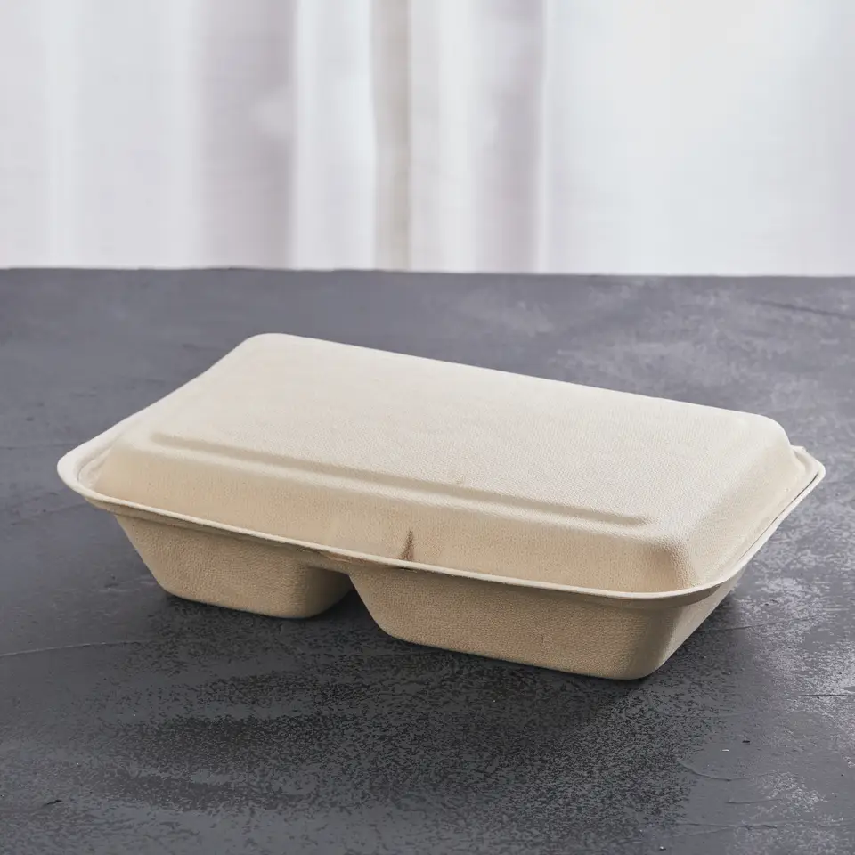 Eco-friendly Biodegradable Disposable Bagasse Food 9" x 6" 2-C Hinged Container