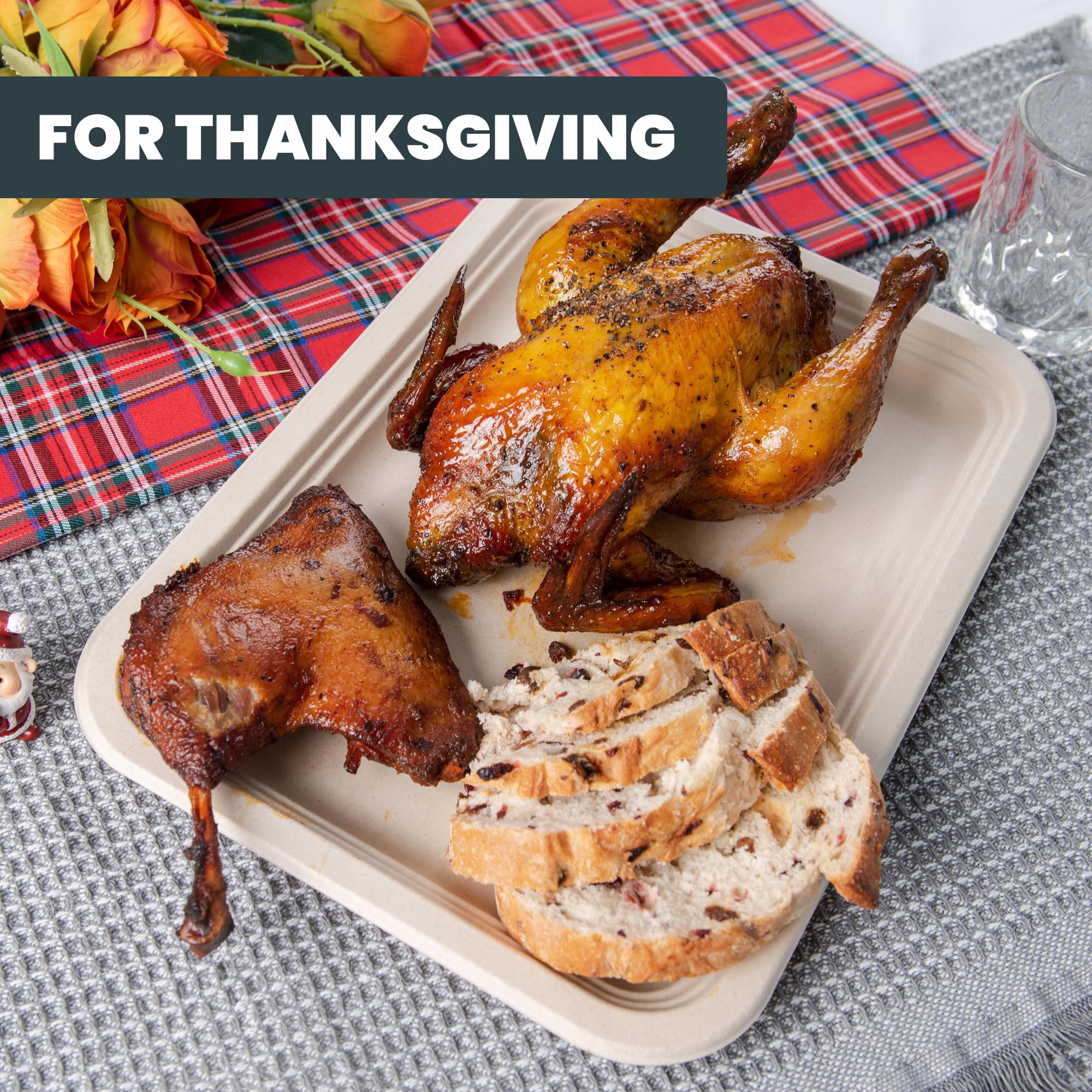 Disposable Paper Plates, 50 Pack Bagasse Food Trays, 14 Inch Compostable & Biodegradable Event Plates, Unbleached, BPA-Free, Microwave-Safe, Soak-Proof, Cut Resistant