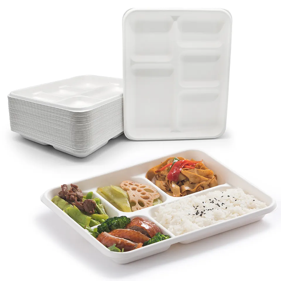 Biodegradable bagasse restaurant food takeaway 5 Compts Tray