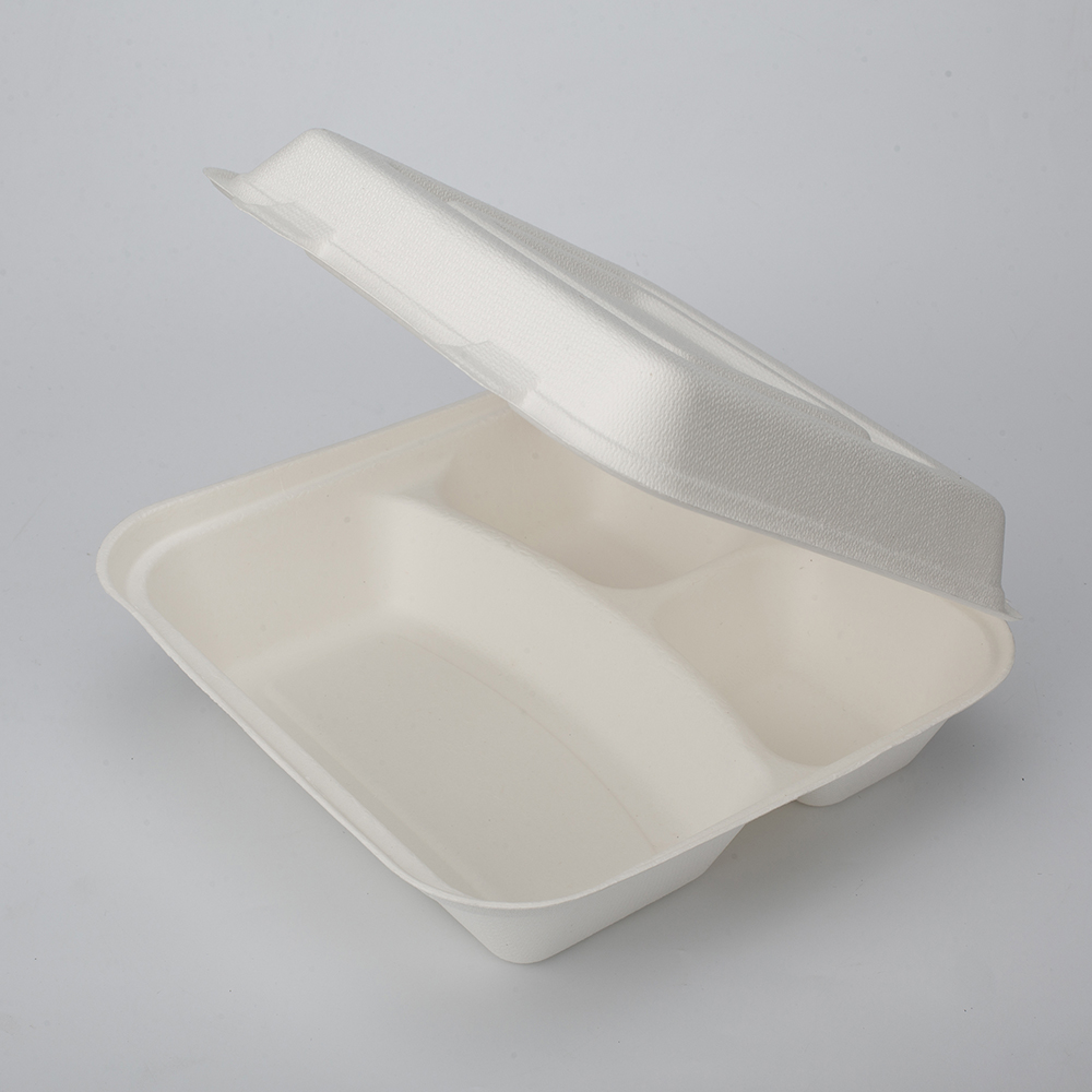 Disposable Clamshell Biodegradable Bagasse Food 8" x 8" 3-C Hinged Container