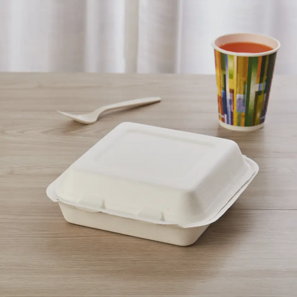 Disposable Clamshell Biodegradable Bagasse Food 8" x 8" 3-C Hinged Container