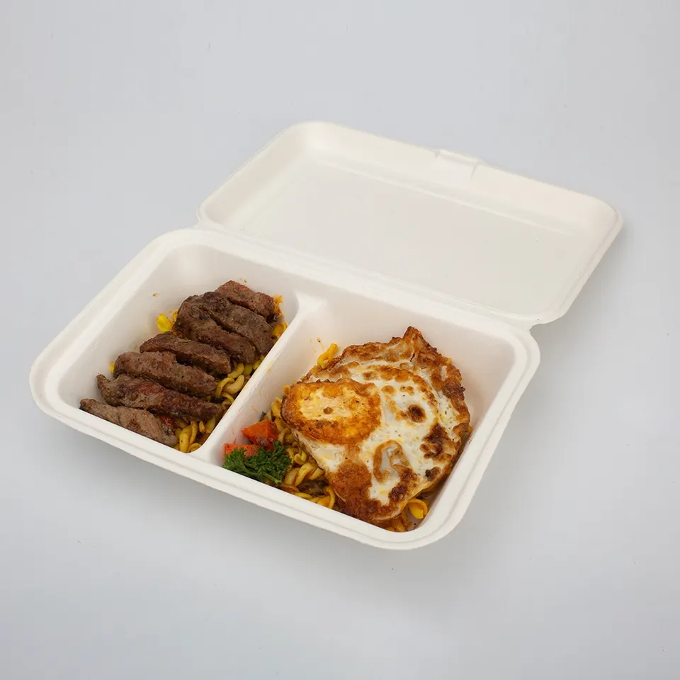 Eco-friendly Biodegradable Disposable Bagasse Food 9" x 6" 2-C Hinged Container