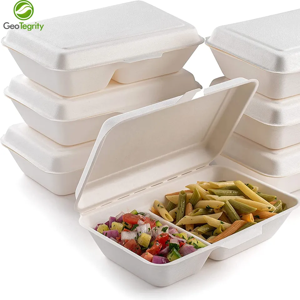 Eco-friendly Biodegradable Disposable Bagasse Food 9" x 6" 2-C Hinged Container