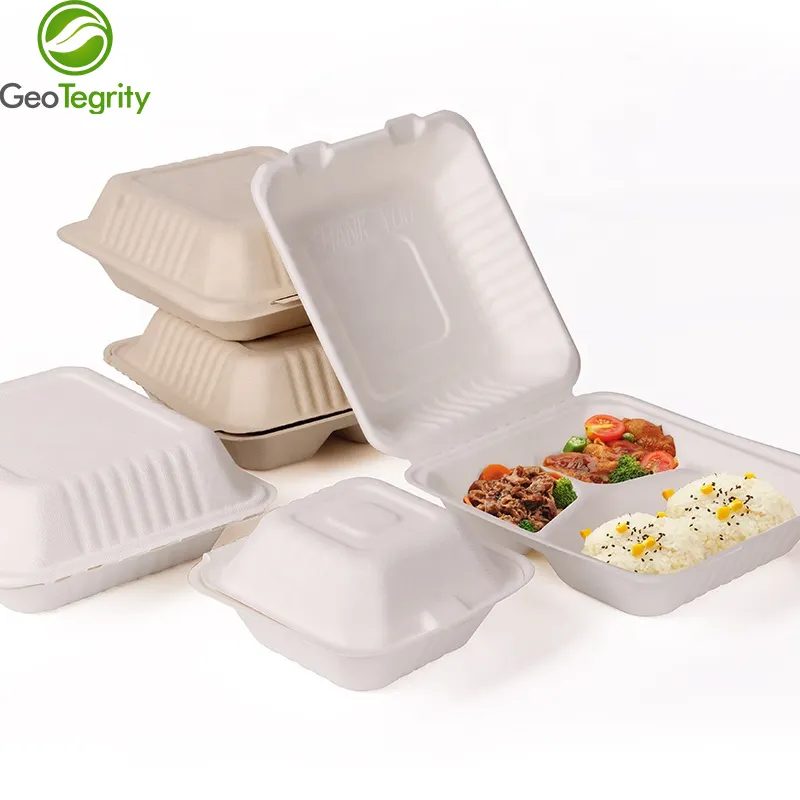 Disposable Clamshell Biodegradable Bagasse Food 9" x 9" 3-C Hinged Container