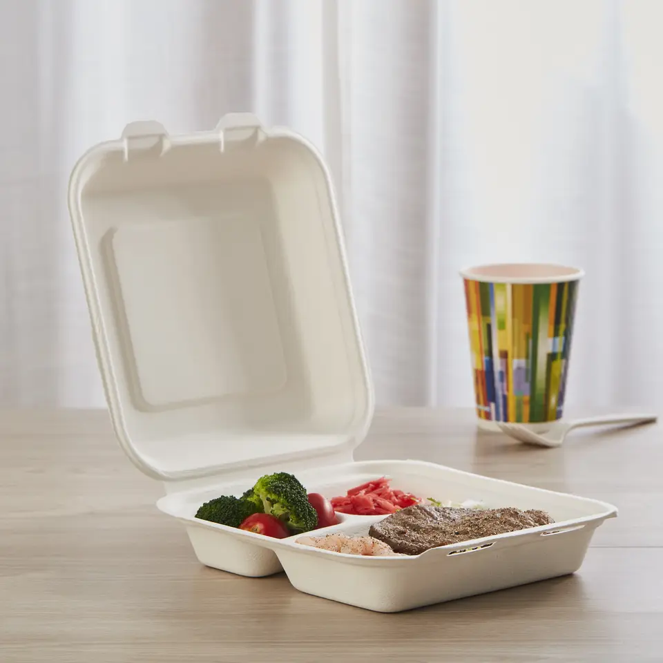 Disposable Clamshell Biodegradable Bagasse Food 8" x 8" 3-C Hinged Container