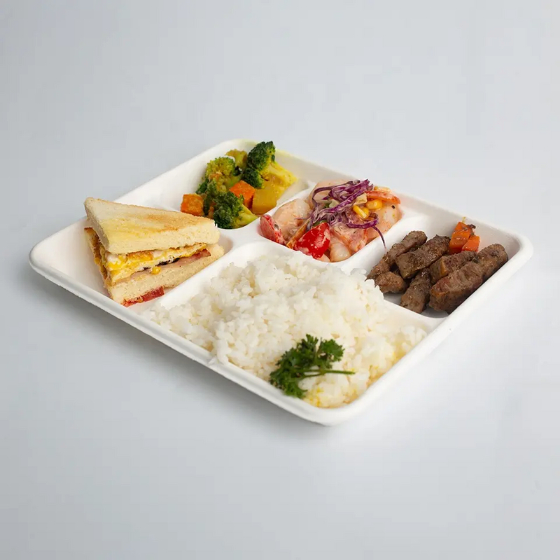 Biodegradable Restaurant Compostable Meat Bagasse Frozen Food 5-Compartment Tray