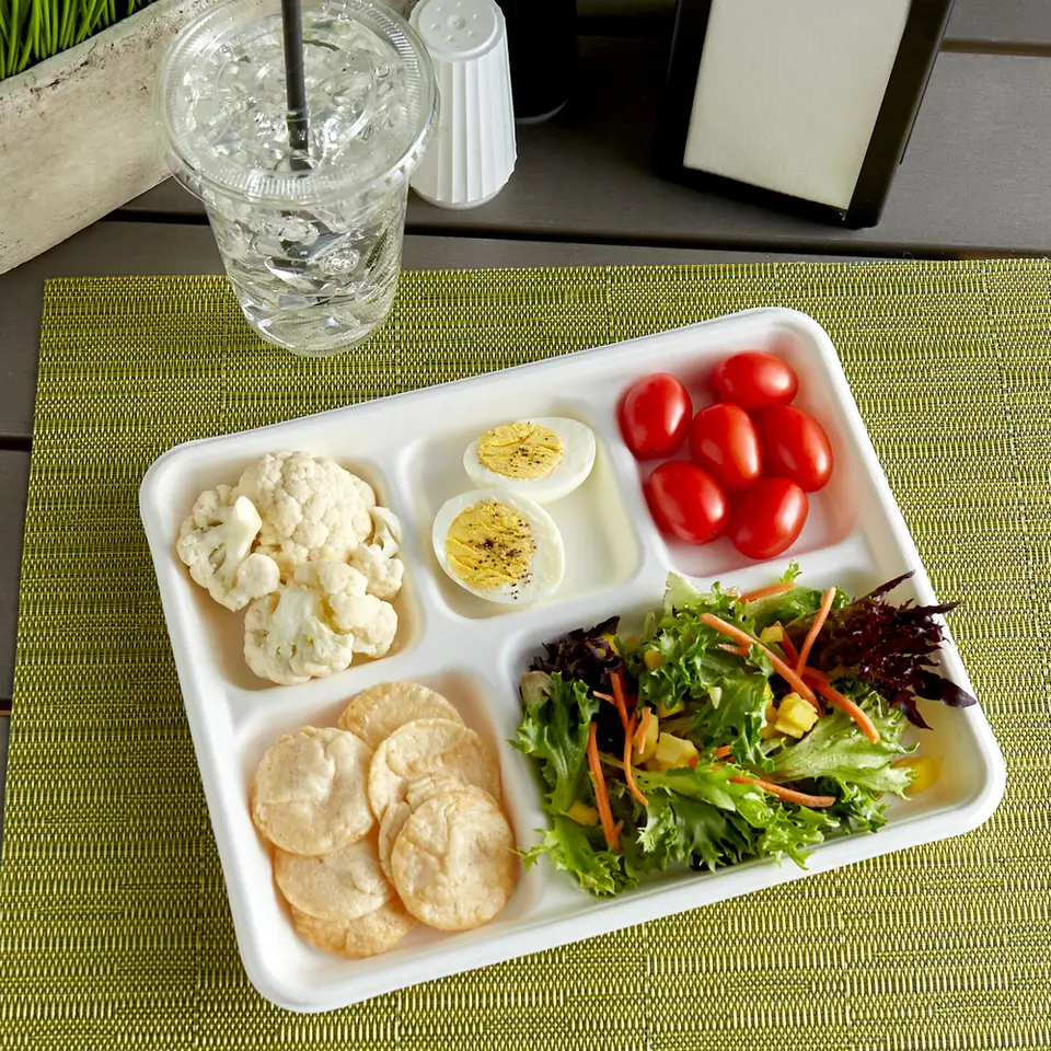 Biodegradable bagasse restaurant food takeaway 5 Compts Tray