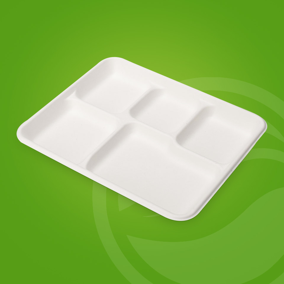 PFAS Free 5 Compartment Disposable Biodegradable Sugarcane Bagasse Paper Pulp Mould School Food Tray