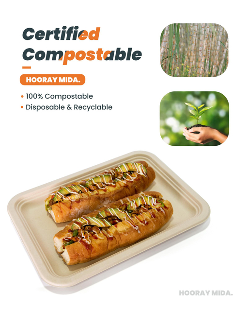 Disposable Paper Plates, 50 Pack Bagasse Food Trays, 14 Inch Compostable & Biodegradable Event Plates, Unbleached, BPA-Free, Microwave-Safe, Soak-Proof, Cut Resistant