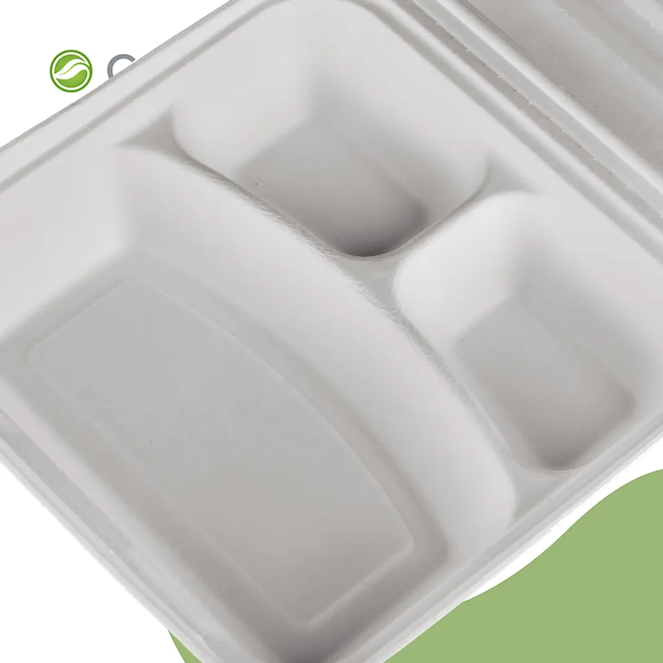 Disposable Clamshell Biodegradable Bagasse Food 9" x 9" 3-C Hinged Container