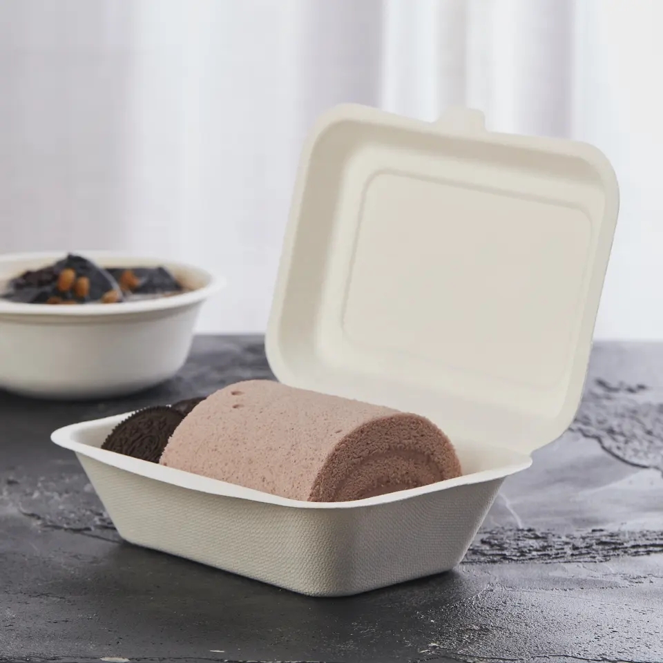 Disposable Bagasse Containers Biodegradable Clamshell 7" x 5" Lunch Box