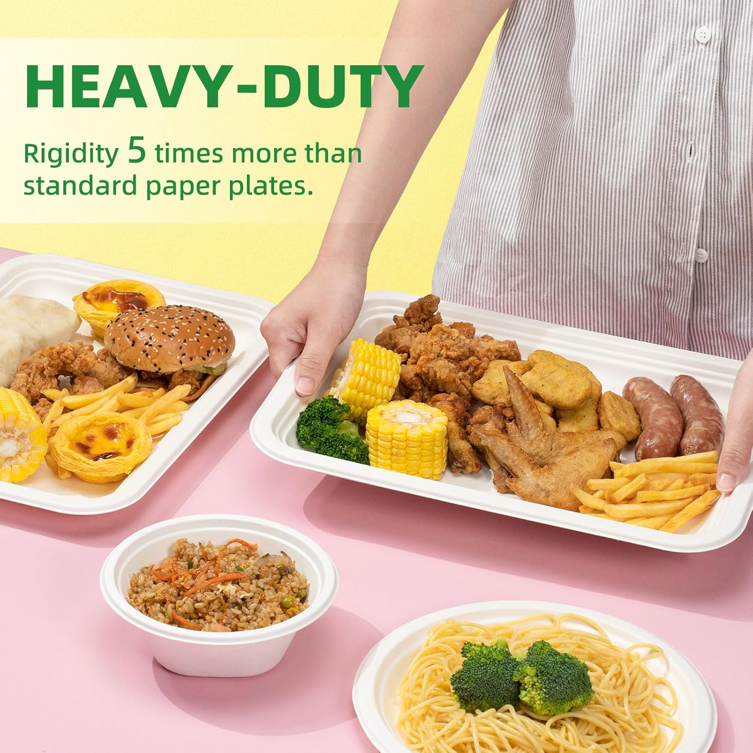 Disposable Paper Plates, 50 Pack Bagasse Food Trays, 14 Inch Compostable & Biodegradable Event Plates, Unbleached, BPA-Free, Microwave-Safe, Soak-Proof, Cut Resistant