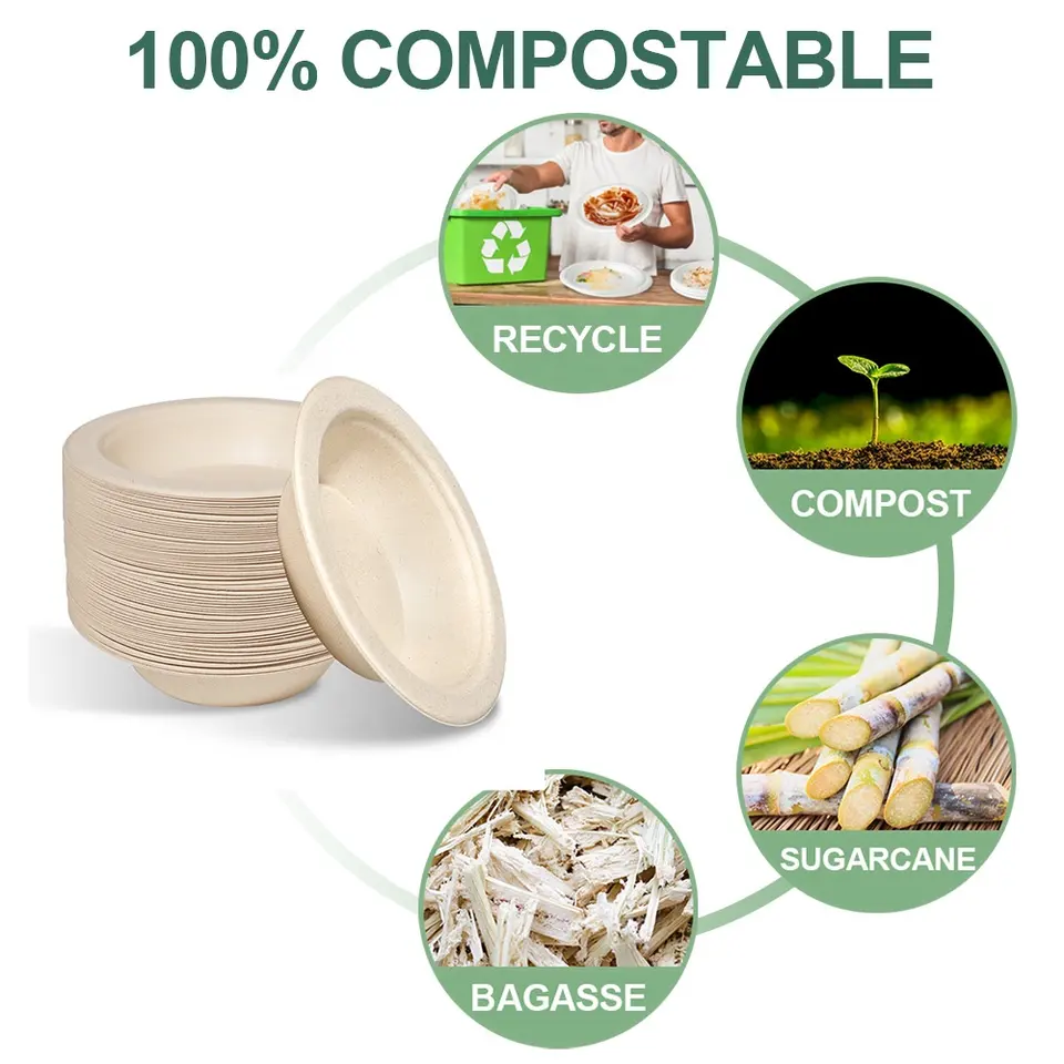 Disposable Round Sugarcane Bagasse Pulp Custom Biodegradable Paper Serving Salad Fruit Soup Food 24oz (710ml) Bowl