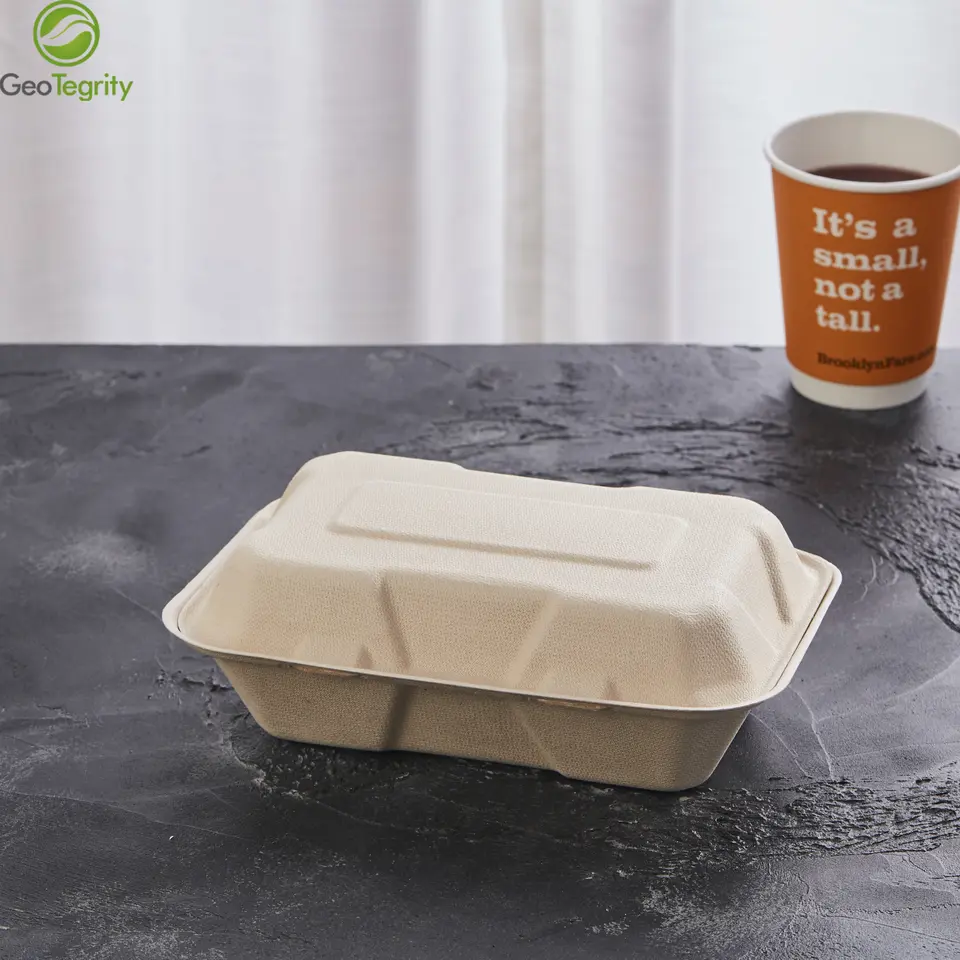 Biodegradable Bagasse To Go Food Packaging 9" x 6" Hinged Container