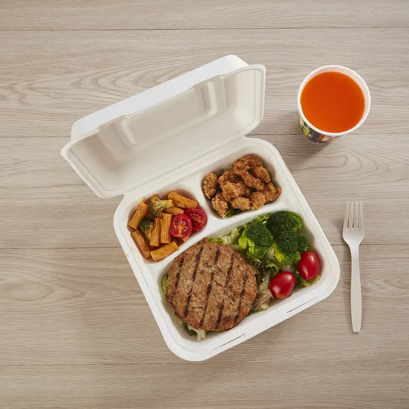 Disposable Clamshell Biodegradable Bagasse Food 9" x 9" 3-C Hinged Container