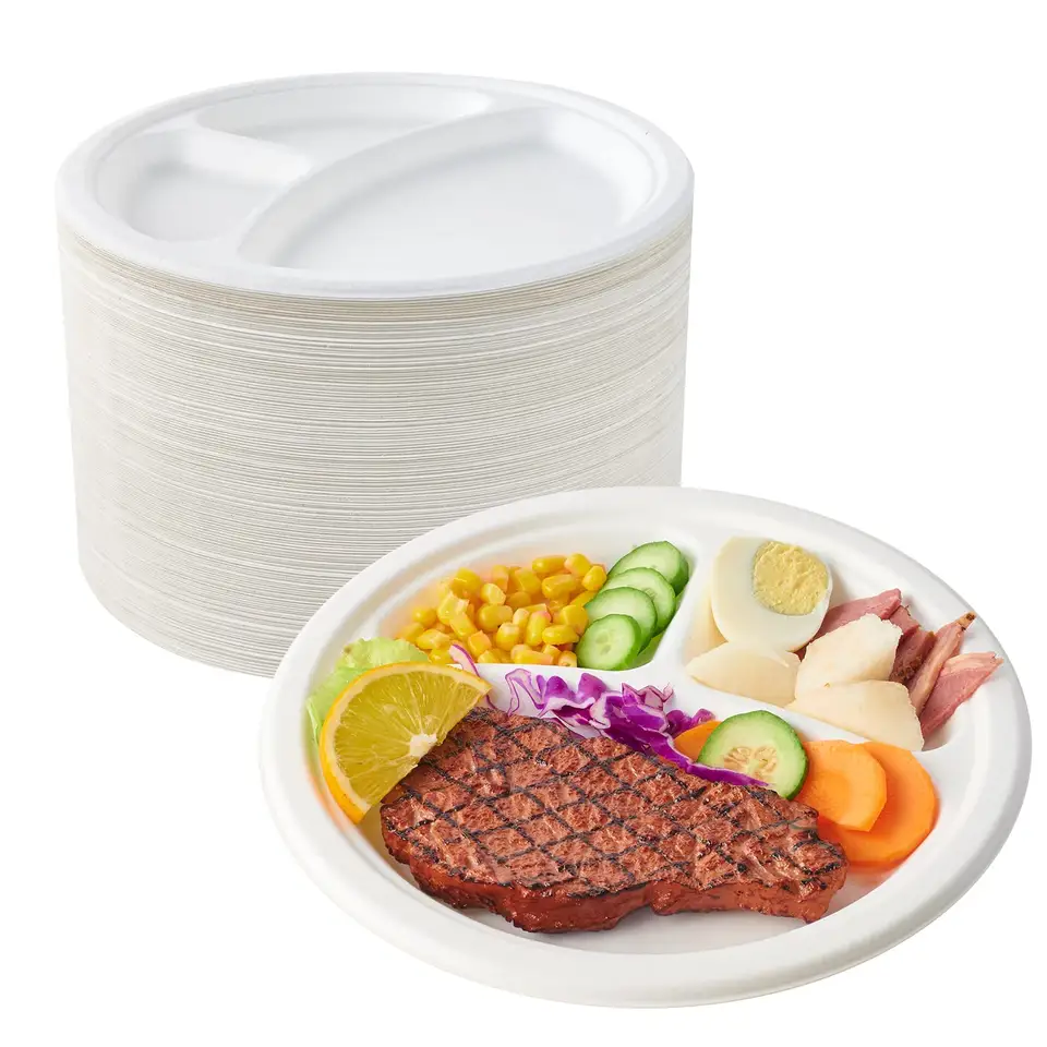  Biodegradable round disposable tableware sugarcane pulp paper party 9" 3-Compartment plate