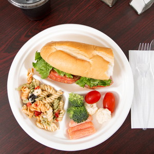 Compostable 3 Compartment Plates 9 inch Heavy-Duty Disposable Paper Plates, Eco-Friendly Biodegradable Sugarcane Bagasse Divided Plate for Dinner