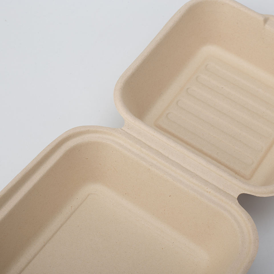 Food Use Sugar Cane Bagasse Pulp Biodegradable Hinged Burger Boxes Sugarcane Disposable Tableware