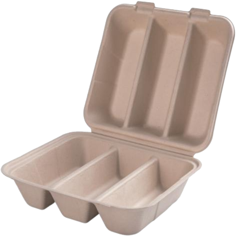 Restaurantware-Pulp Safe 8 x 7.2 x 3.5 Inch Taco Clamshell Containers, 100 No PFAS Added Taco Containers - Home Compostable, 3-Compartment, Kraft Bagasse Sugarcane Clamshell Containers, Microwavable