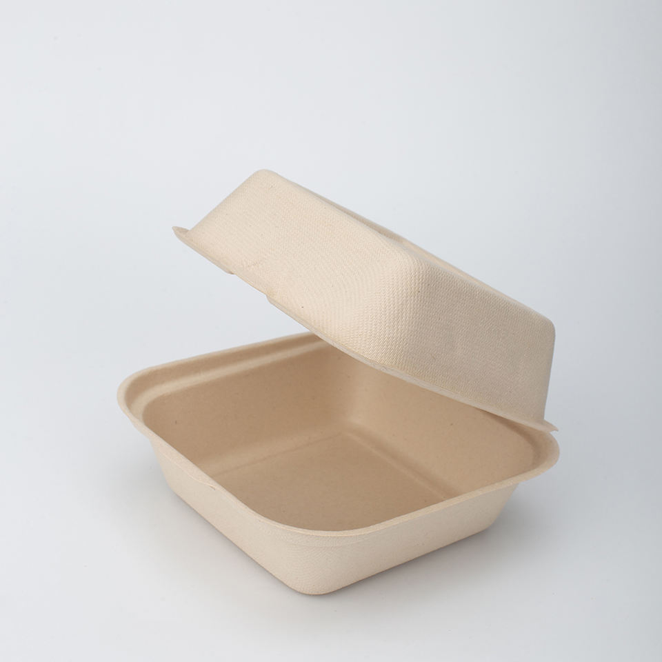 Food Use Sugar Cane Bagasse Pulp Biodegradable Hinged Burger Boxes Sugarcane Disposable Tableware